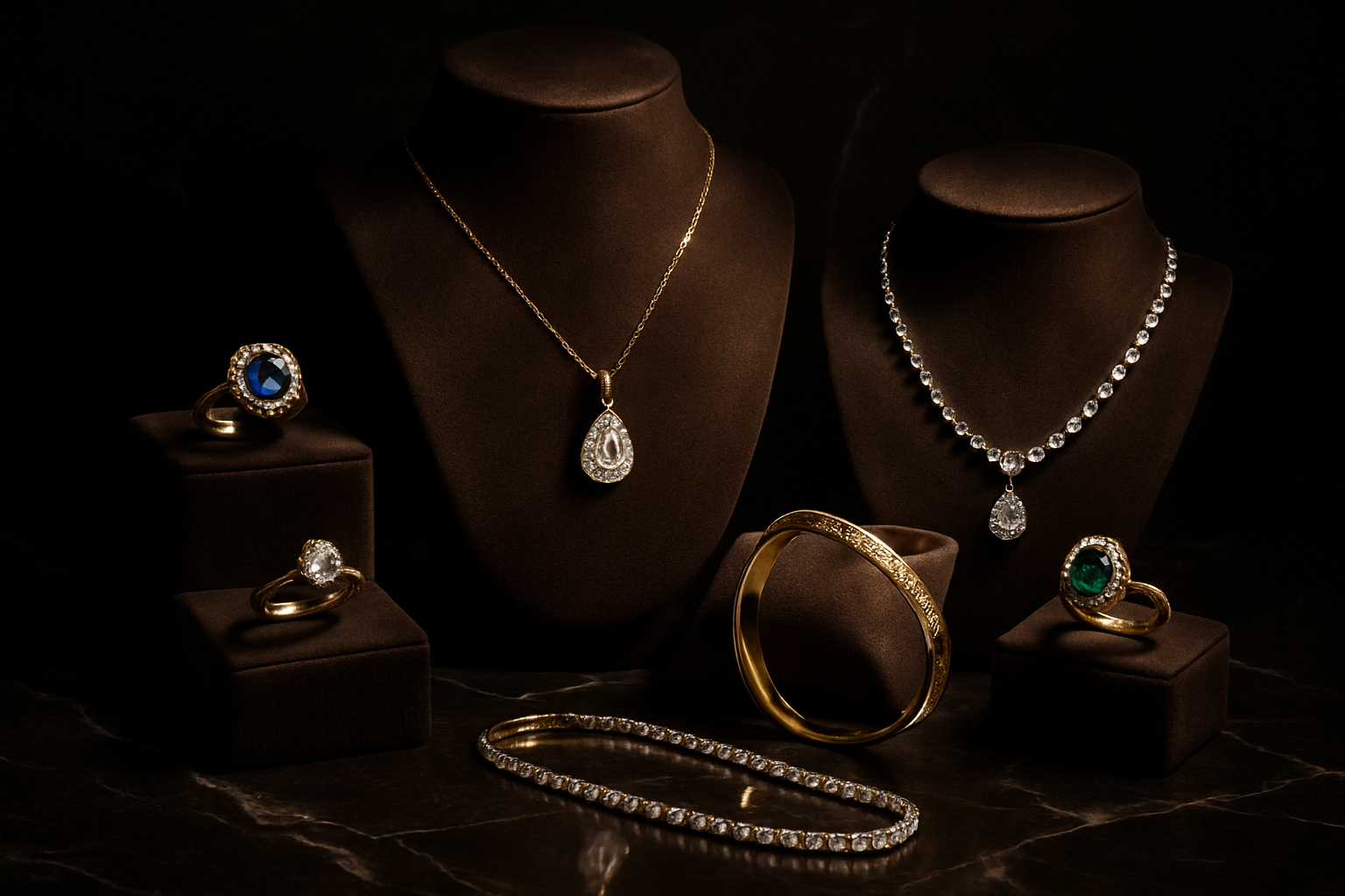 Luxury Jewelry Showcase
Elegant display of rings, necklaces, and bracelets on a dark velvet or marble background.
Soft spotlight, premium photography style.
Perfect if you want a glamorous, high-end look.