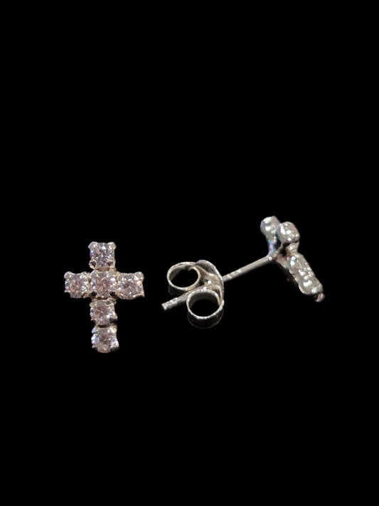 Silver Cross Stud Earrings with Cubic Zirconia - Pair