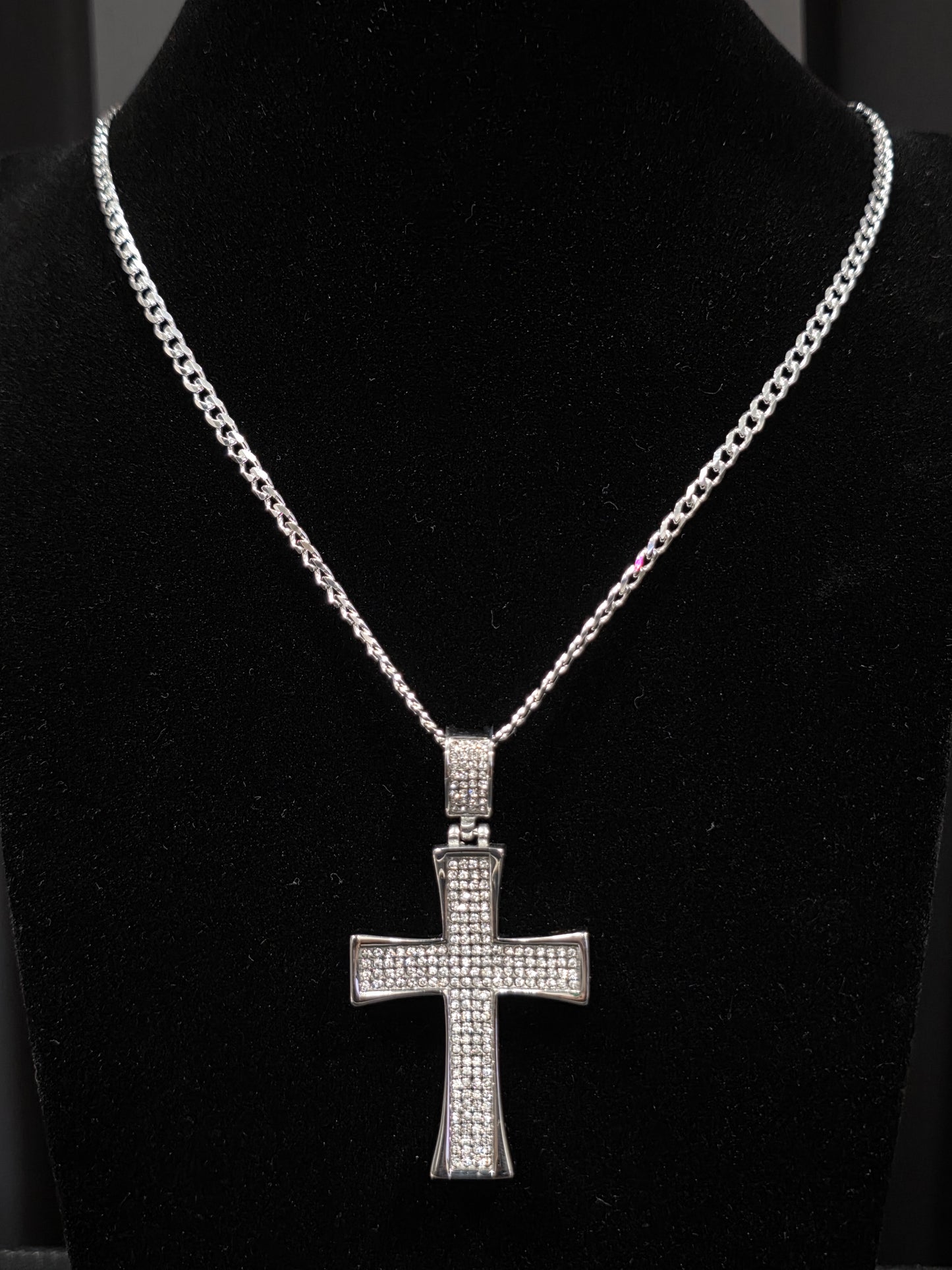 Stainless Steel Cross Pendant with CZ Stones – Bold & Brilliant Symbol of Faith