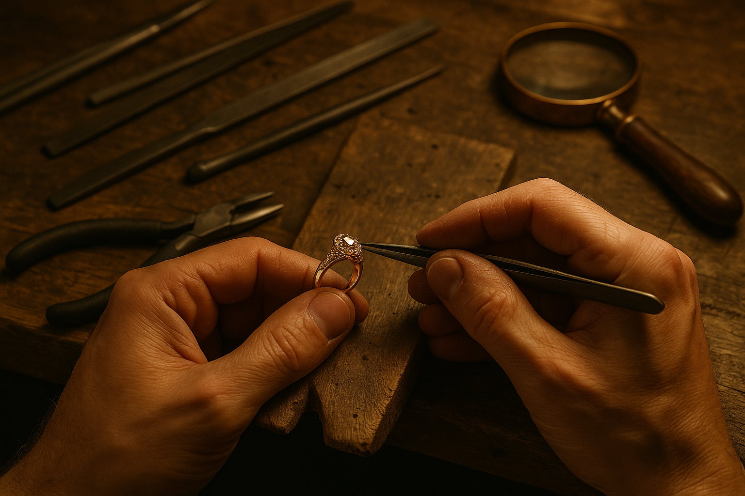 Craftsmanship in Action

A jeweler’s hands working on a ring or necklace at a wooden workbench.

Warm lighting, focus on tools and details.

Conveys authenticity and handmade quality.