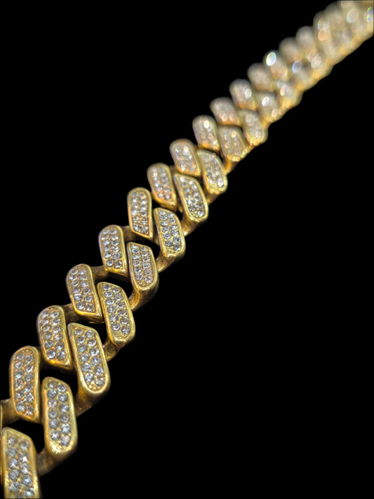 18K Gold Cuban Link Bracelet with CZ Stones - Stainless Steel