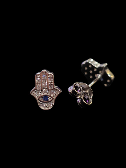 Silver Hamsa Earrings with Cubic Zirconia - Pair
