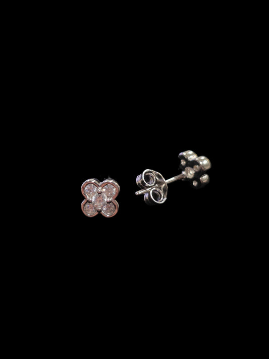 Silver Leaf Clover Stud Earring with Cubic Zirconia - Pair