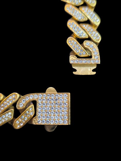 18K Gold Cuban Link Bracelet with CZ Stones - Stainless Steel